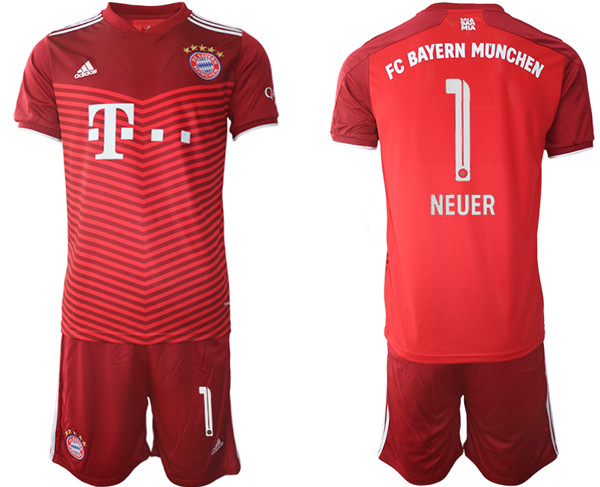 Men's FC Bayern München #1 Neuer Red Home Soccer Jersey Suit