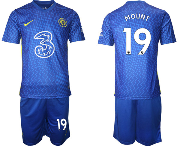 Men's Chelsea #19 Mason Mount 2021/22 Blue Home Soccer Jersey Suit