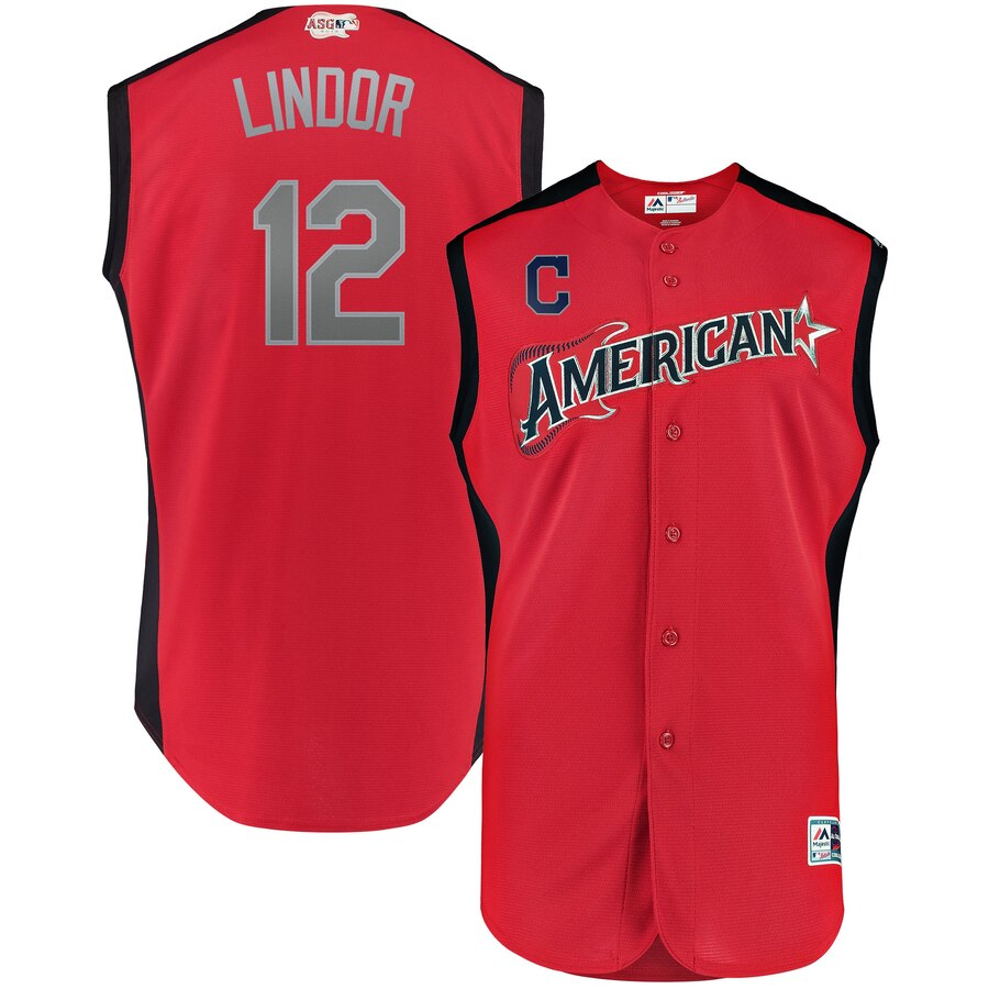 American League #12 Francisco Lindor Red 2019 MLB All-Star Game Workout Jersey