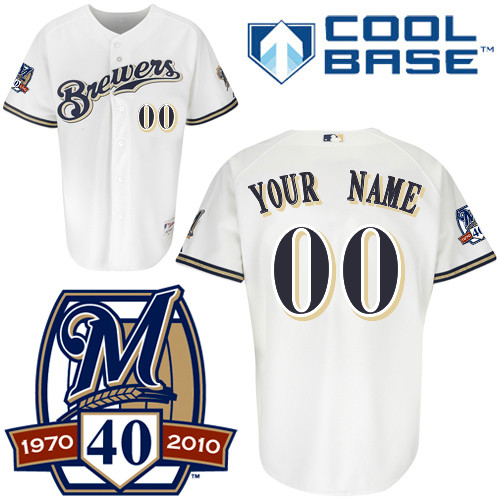 Brewers Personalized Authentic White Cool Base w/40th Anniversary Patch MLB Jersey
