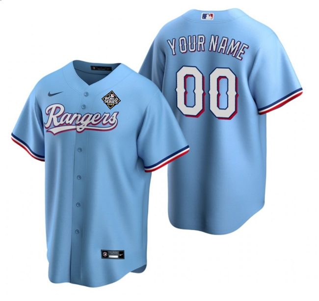Men's Texas Rangers Customized Blue 2023 World Series Cool Base Stitched Jersey