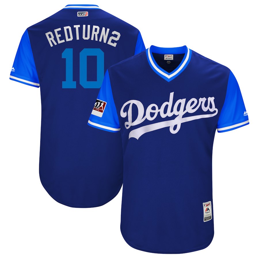 Men's Los Angeles Dodgers #10 Justin Turner "Redturn2" Majestic Royal/Light Blue 2018 Players' Weekend Stitched MLB Jersey