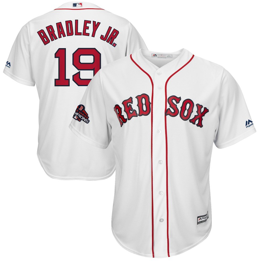 Men's Boston Red Sox #19 Jackie Bradley Jr. Majestic White 2018 World Series Champions Team Logo Player Stitched MLB Jersey