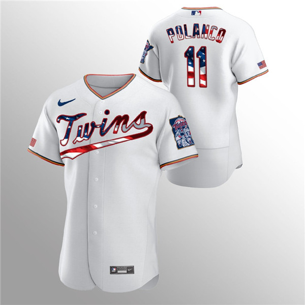 Men's Minnesota Twins #11 Jorge Polanco White 2020 Stars & Stripes Flex Base Stitched Jersey