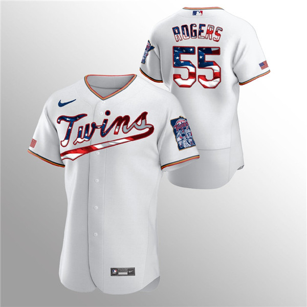 Men's Minnesota Twins #55 Taylor Rogers White 2020 Stars & Stripes Flex Base Stitched Jersey