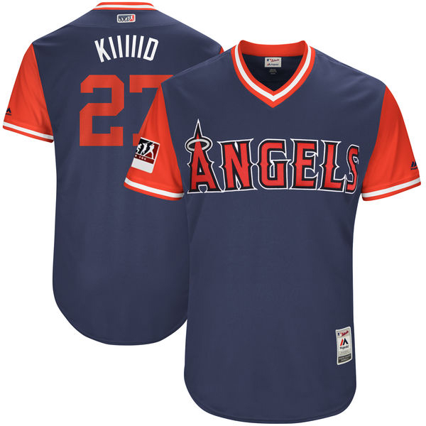 Men's Los Angeles Angels #27 Mike Trout "Kiiiiid" Majestic Navy/Red 2018 Players' Weekend Authentic Stitched MLB Jersey