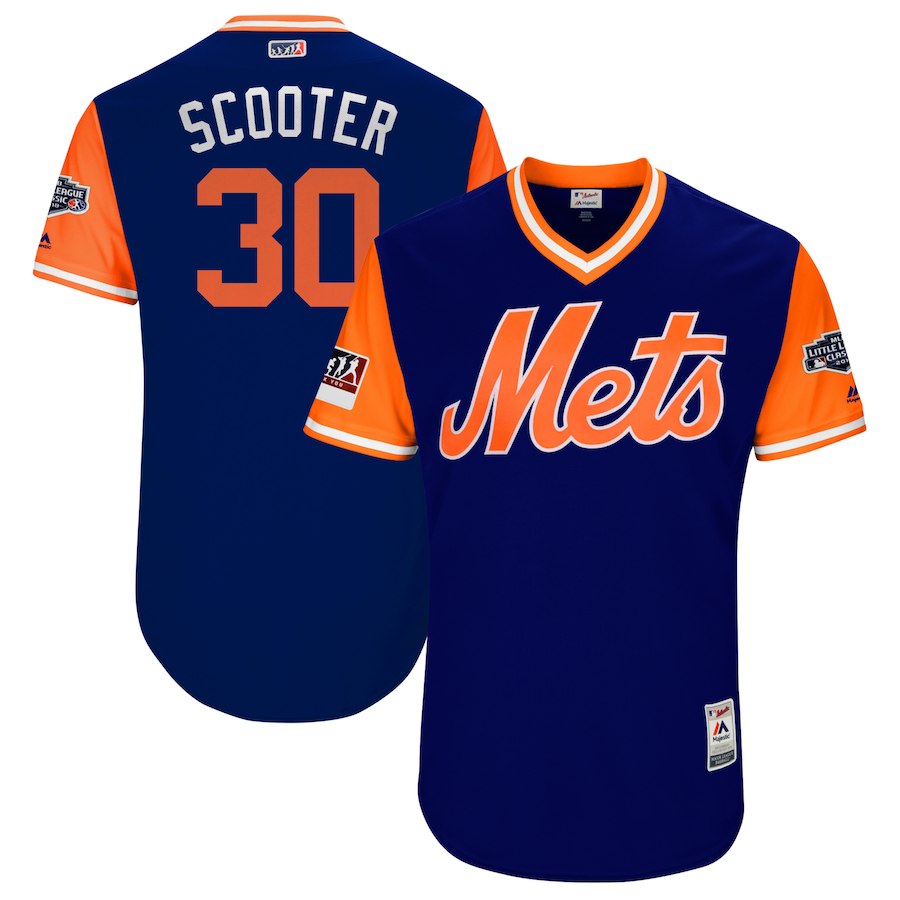 Men's New York Mets #30 Michael Conforto "Scooter" Majestic Royal/Orange 2018 MLB Little League Classic Stitched MLB Jersey
