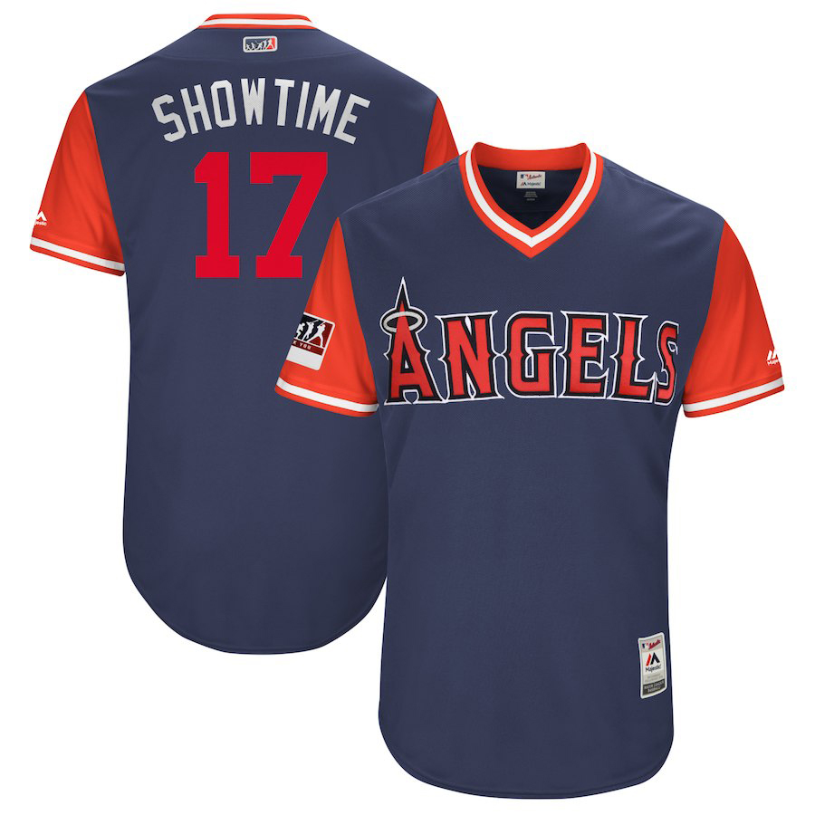 Men's Los Angeles Angels #17 Shohei Ohtani "Showtime" Majestic Navy/Red 2018 Players' Weekend Authentic Stitched MLB Jersey