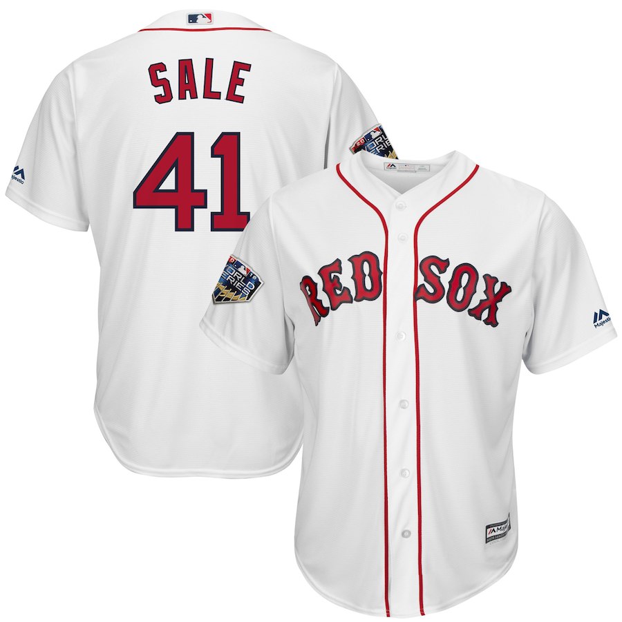 Men's Boston Red Sox #41 Chris Sale Majestic White 2018 World Series Champions Team Logo Player Stitched MLB Jersey
