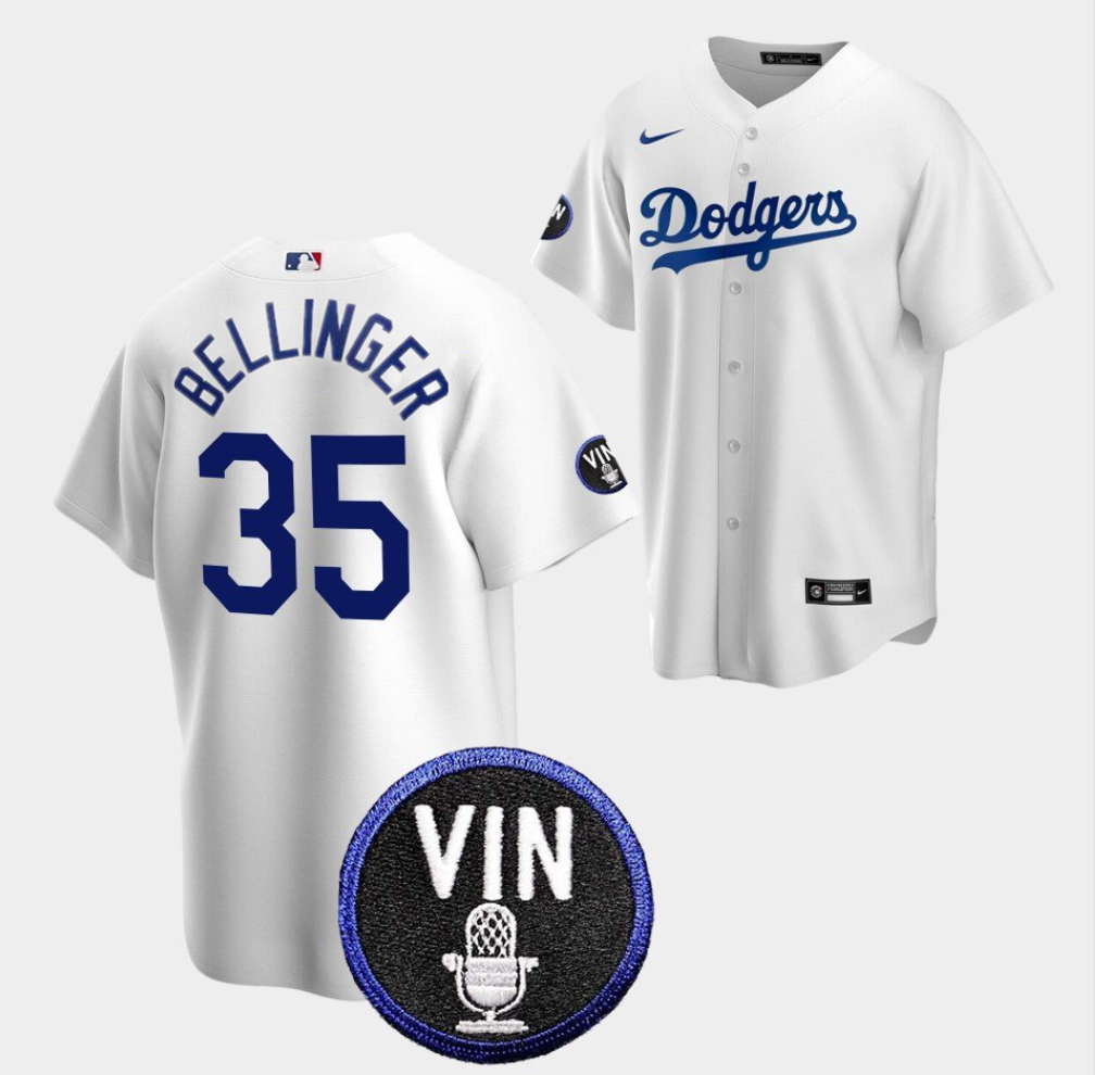 Men's Los Angeles Dodgers #35 Cody Bellinger 2022 White Vin Scully Patch Cool Base Stitched Baseball Jersey