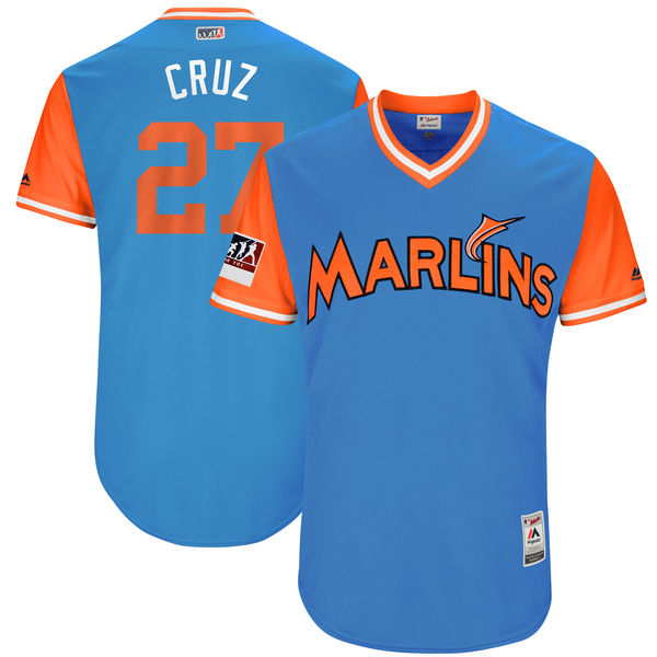 Men's Miami Marlins #27 Giancarlo Stanton "Cruz" Majestic Light Blue/Orange 2018 Players' Weekend Authentic Stitched MLB Jersey
