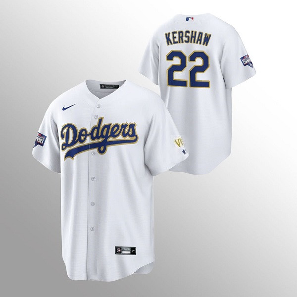 Men's Los Angeles Dodgers #22 Clayton Kershaw White Gold Championship Cool Base Stitched Jersey