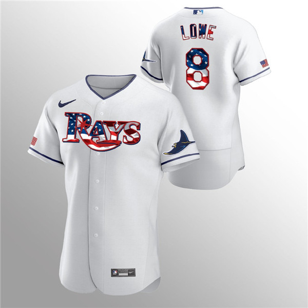Men's Tampa Bay Rays #8 Brandon Lowe White 2020 Stars & Stripes Flex Base Stitched Jersey