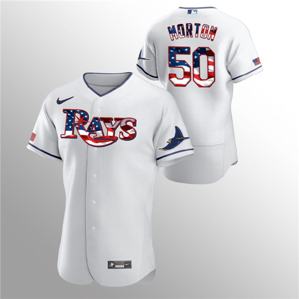 Men's Tampa Bay Rays #50 Charlie Morton White 2020 Stars & Stripes Flex Base Stitched Jersey