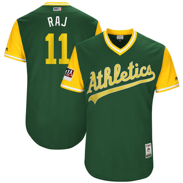 Men's Oakland Athletics #11 Rajai Davis "Raj" Majestic Green/Yellow 2018 Players' Weekend Authentic Stitched MLB Jersey