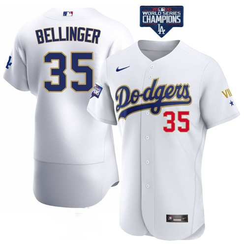 Men's Los Angeles Dodgers #35 Cody Bellinger White Gold Championship Flex Base Sttiched MLB Jersey