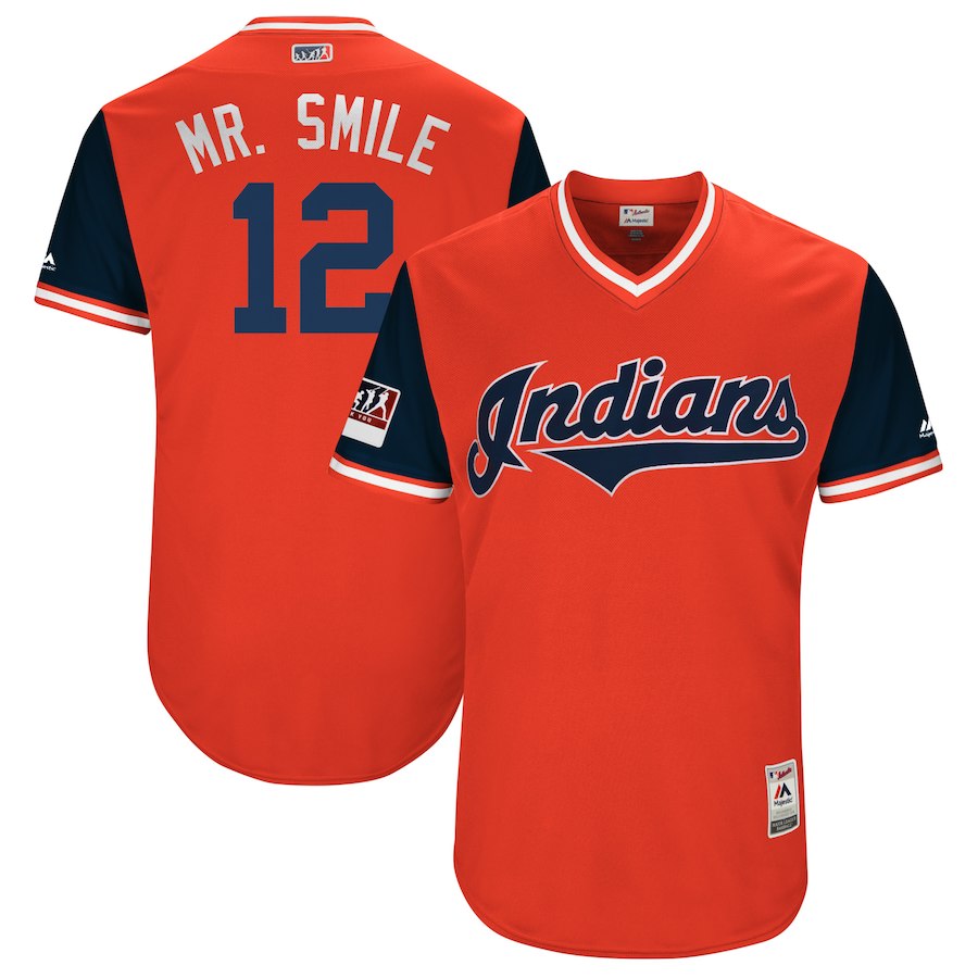 Men's Cleveland Indians #12 Francisco Lindor "Mr. Smile" Majestic Red/Navy 2018 Players' Weekend Stitched MLB Jersey