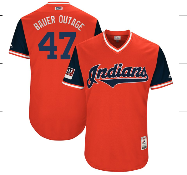 Men's Cleveland Indians #47 Trevor Bauer "Bauer Outage" Majestic Red/Navy 2018 Players' Weekend Authentic Stitched MLB Jersey