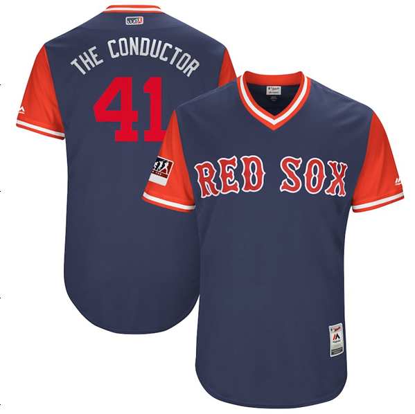 Men's Boston Red Sox #41 Chris Sale "The Conductor" Majestic Navy/Red 2018 Players' Weekend Authentic Stitched MLB Jersey