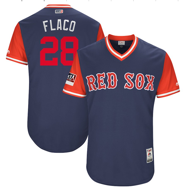 Men's Boston Red Sox #28 JD Martinez "Flaco" Majestic Navy/Red 2018 Players' Weekend Authentic Stitched MLB Jersey