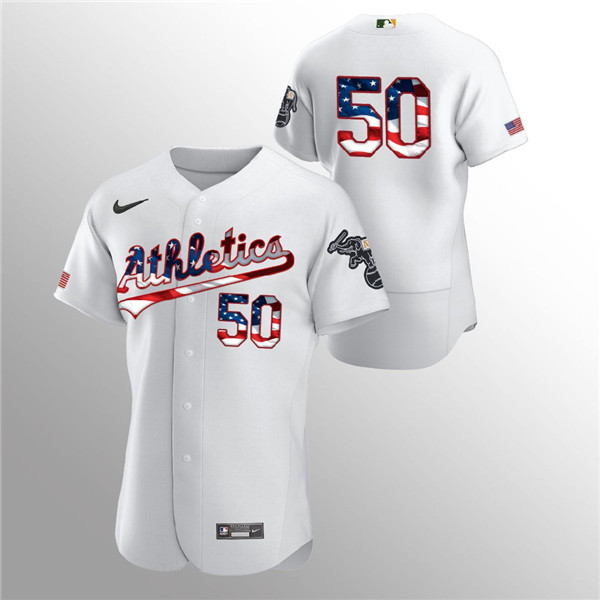 Men's Oakland Athletics #50 Mike Fiers White 2020 Stars & Stripes Flex Base Stitched Jersey