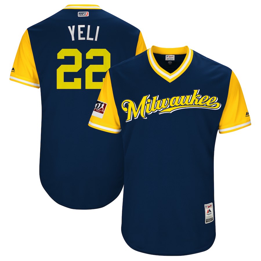 Men's Milwaukee Brewers #22 Christian Yelich "Yeli" Majestic Navy/Yellow 2018 Players' Weekend Stitched MLB Jersey