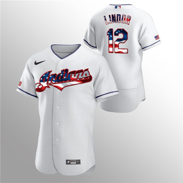 Men's Cleveland Indians #12 Francisco Lindor White 2020 Stars & Stripes Flex Base Stitched Jersey