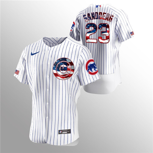 Men's Chicago Cubs #23 Ryne Sandberg White 2020 Stars & Stripes Flex Base Stitched Jersey