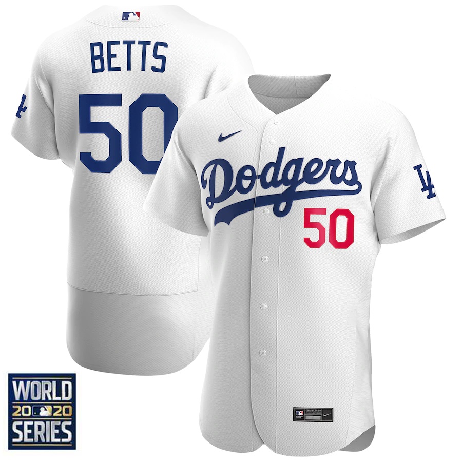 Men's Los Angeles Dodgers #50 Mookie Betts White 2020 World Series Bound stitched Jersey
