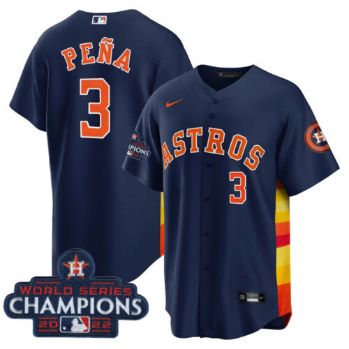 Men's Houston Astros #3 Jeremy Peña Navy 2022 World Series Champions Cool Base With No. In Front Stitched Baseball Jersey