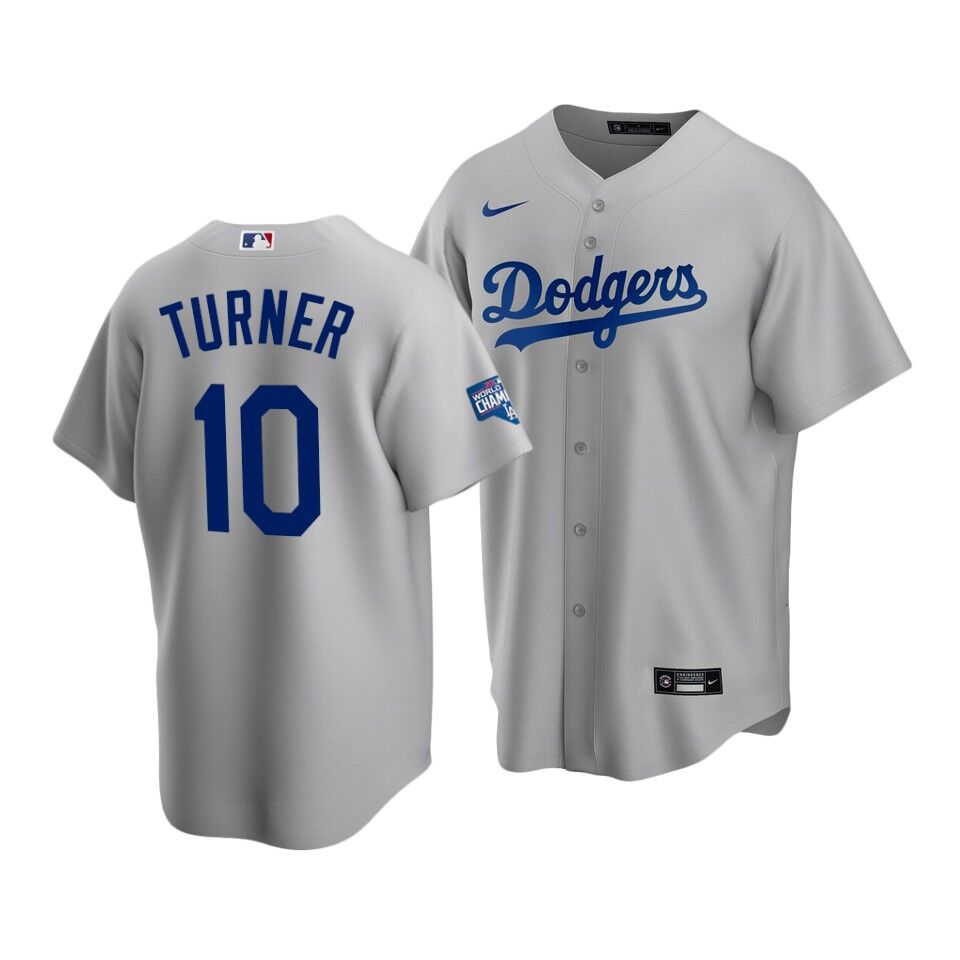 Men's Los Angeles Dodgers #10 Justin Turner Grey 2020 World Series Champions Home Patch Stitched Jersey
