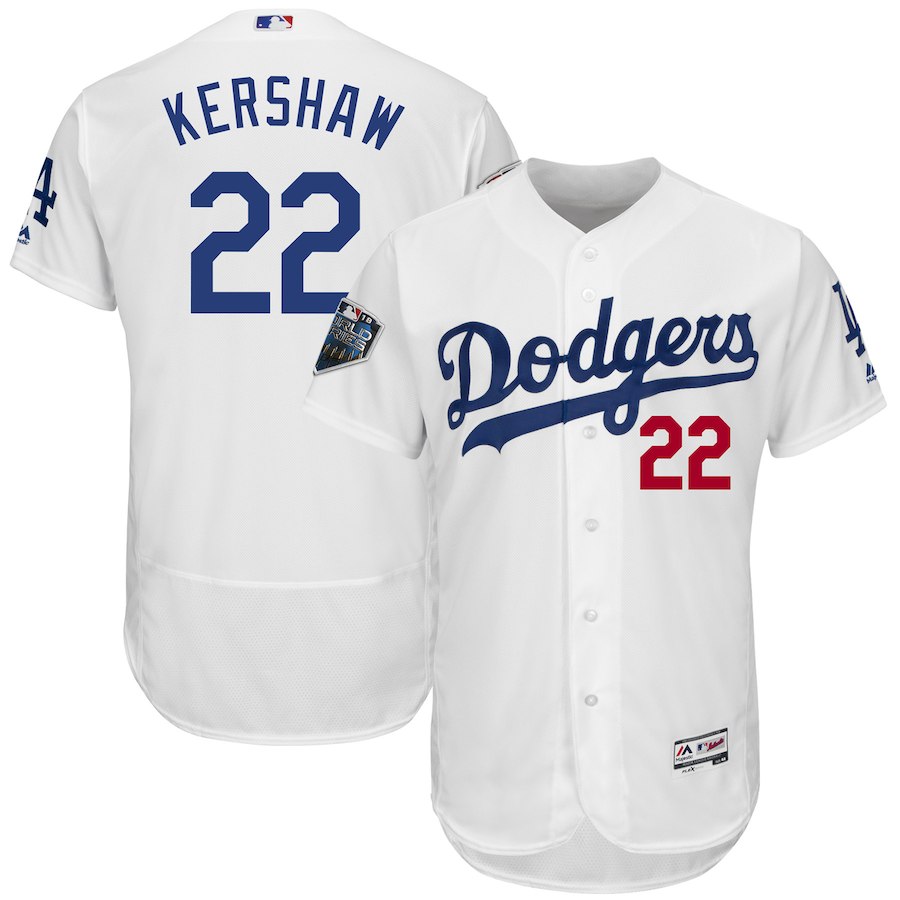 Men's Los Angeles Dodgers #22 Clayton Kershaw Majestic White 2018 World Series Flex Base Stitched MLB Jersey