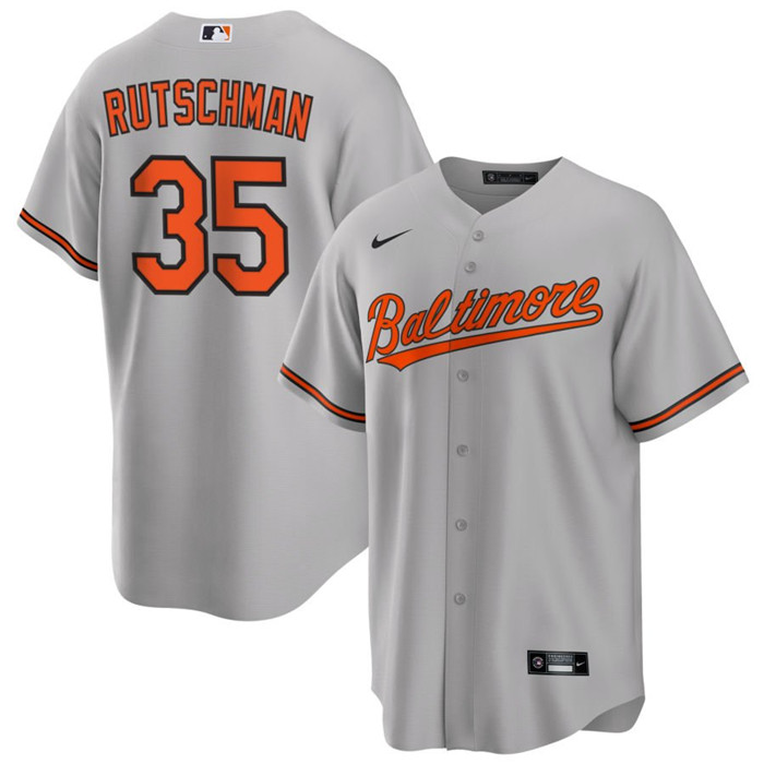 Men's Baltimore Orioles #35 Adley Rutschman Grey Cool Base Stitched Jersey