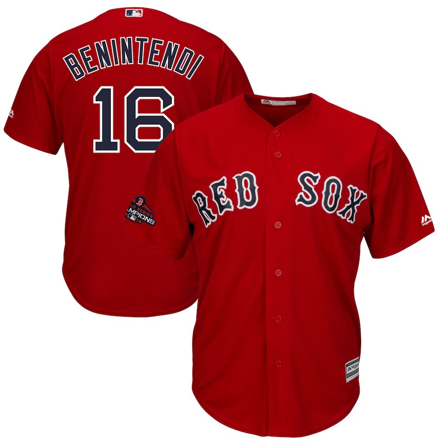 Men's Boston Red Sox #16 Andrew Benintendi Majestic Scarlet 2018 World Series Champions Team Logo Player Stitched MLB Jersey