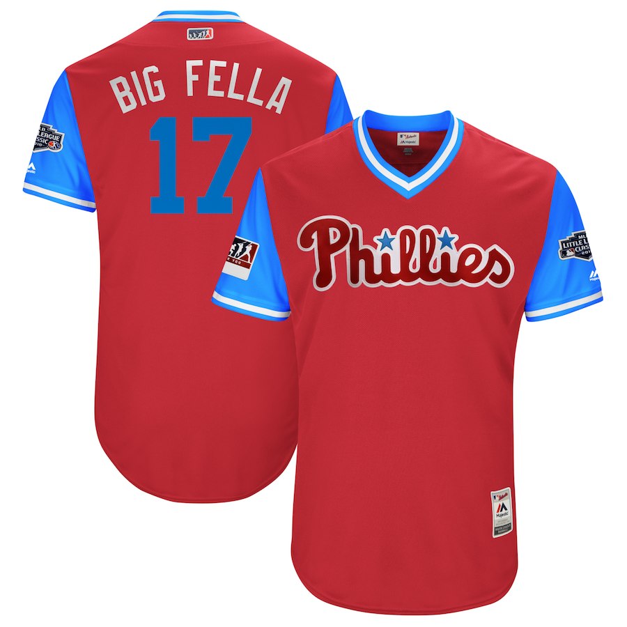 Men's Philadelphia Phillies #17 Rhys Hoskins "Big Fella" Majestic Scarlet/Light Blue 2018 MLB Little League Classic Stitched MLB Jersey