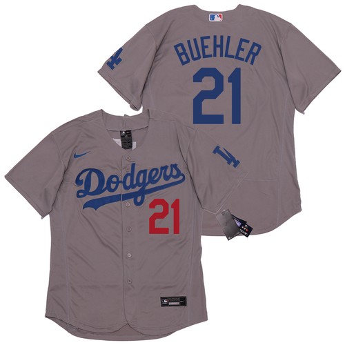 Men's Los Angeles Dodgers #21 Walker Buehler Grey Flex Base Stitched Jersey