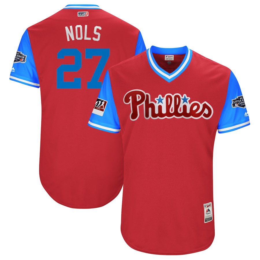 Men's Philadelphia Phillies #27 Aaron Nola "Nols" Majestic Scarlet/Light Blue 2018 MLB Little League Classic Stitched MLB Jersey
