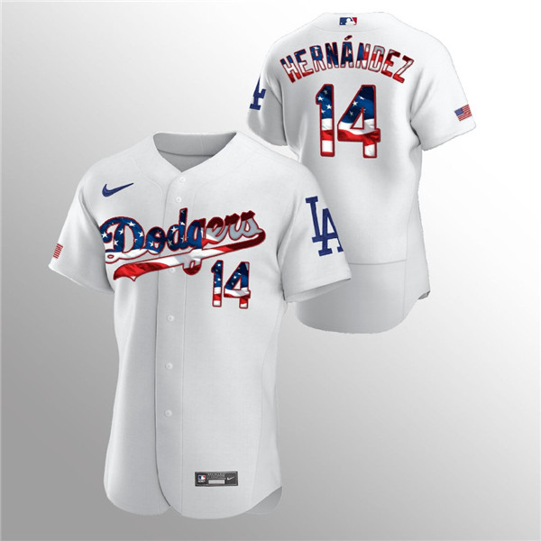 Men's Los Angeles Dodgers #14 Enrique Hernandez White 2020 Stars & Stripes Flex Base Stitched Jersey