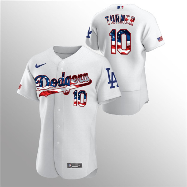 Men's Los Angeles Dodgers #10 Justin Turner White 2020 Stars & Stripes Flex Base Stitched Jersey