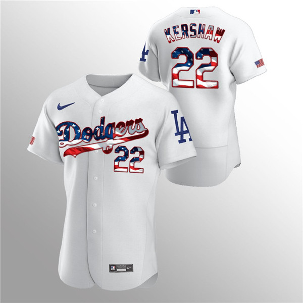 Men's Los Angeles Dodgers #22 Clayton Kershaw White 2020 Stars & Stripes Flex Base Stitched Jersey