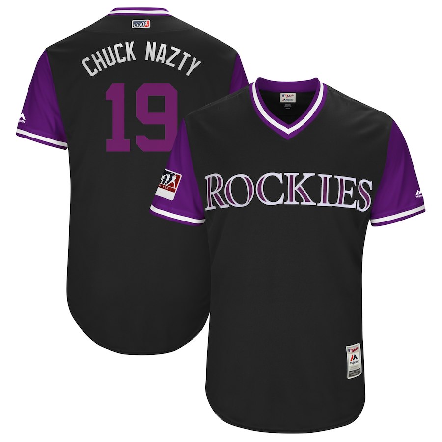 Men's Colorado Rockies #19 Charlie Blackmon "Chuck Nazty" Majestic Black/Purple 2018 Players' Weekend Stitched MLB Jersey
