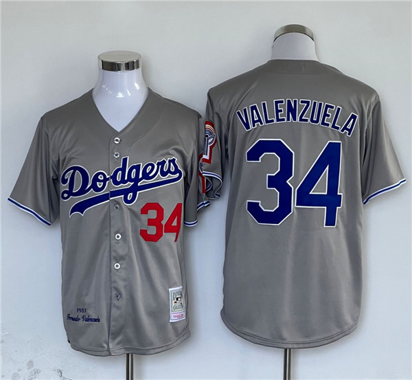 Men's Los Angeles Dodgers #34 Fernando Valenzuela Grey Cool Base Stitched Jersey