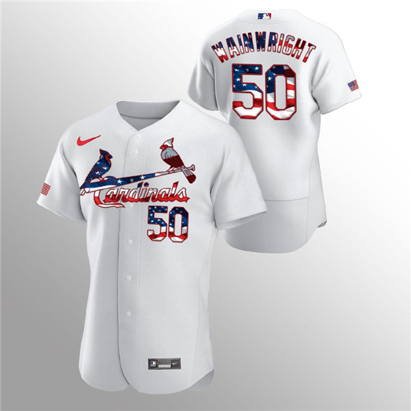 Men's St. Louis Cardinals #50 Adam Wainwright White 2020 Stars & Stripes Flex Base Stitched Jersey
