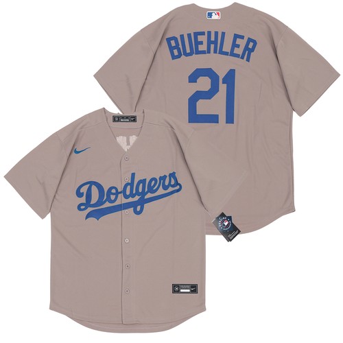 Men's Los Angeles Dodgers #21 Walker Buehler Grey Cool Base Stitched Jersey