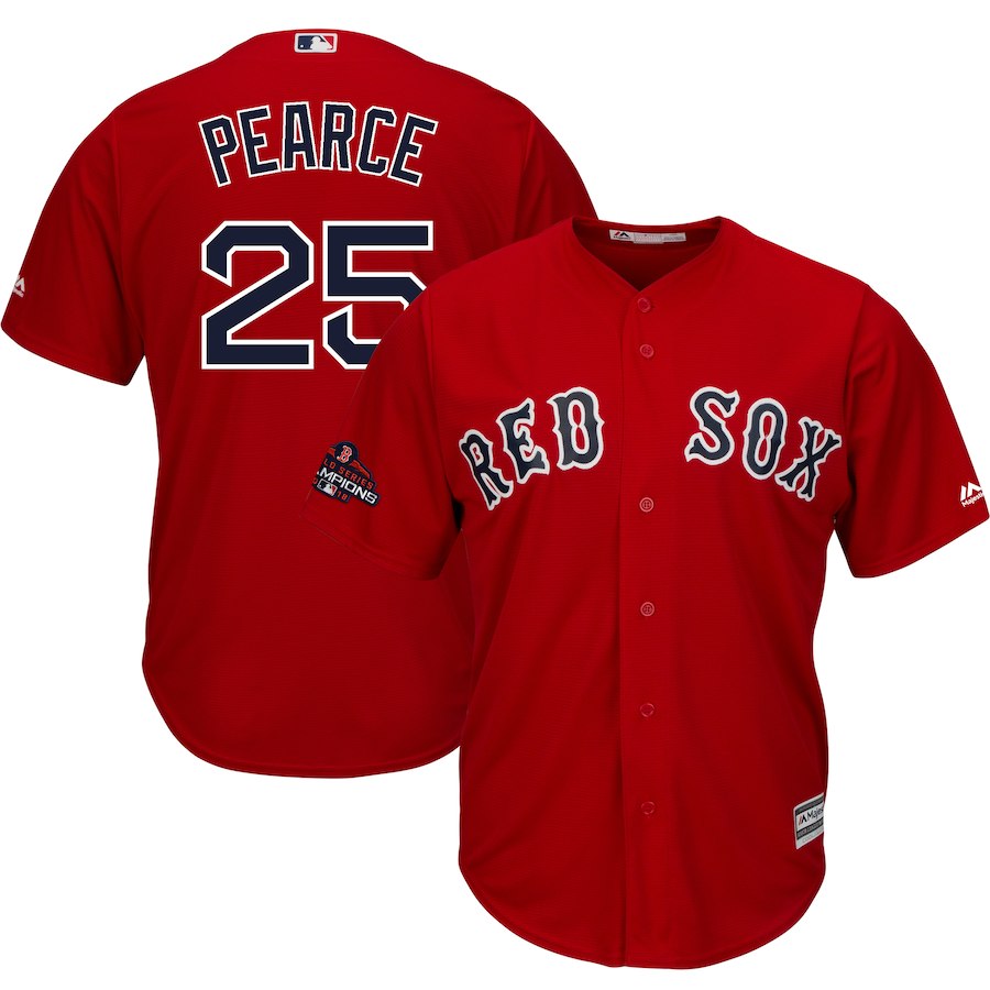 Men's Boston Red Sox #25 Steve Pearce Majestic Scarlet 2018 World Series Champions Team Logo Player Stitched MLB Jersey
