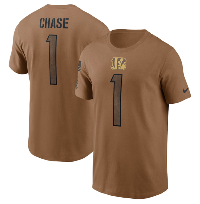 Men's Cincinnati Bengals #1 Ja'Marr Chase 2023 Brown Salute To Service Name & Number T-Shirt