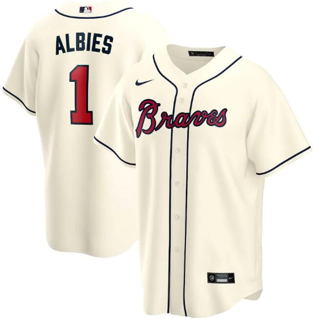 Men's Atlanta Braves #1 Ozzie Albies Cream Cool Base Stitched Jersey