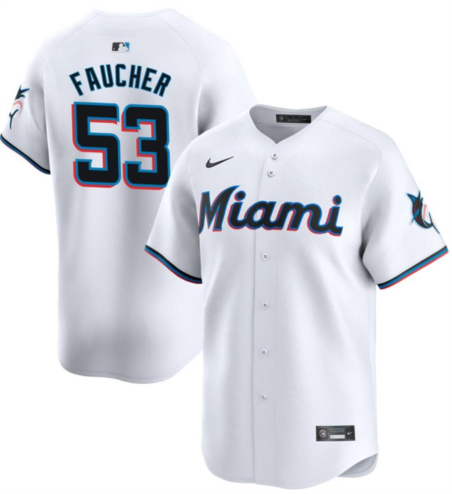 Men's Miami Marlins #53 Calvin Faucher White 2024 Home Limited Stitched Baseball Jersey
