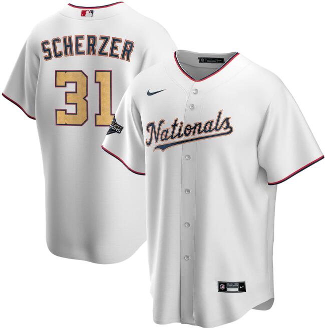 Men's Washington Nationals #31 Max Scherzer White 2020 Gold Program Stitched Championship Jersey