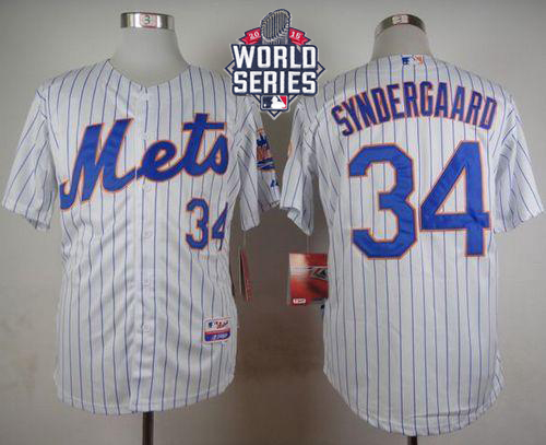 Mets #34 Noah Syndergaard White(Blue Strip) Home Cool Base W/2015 World Series Patch Stitched MLB Jersey